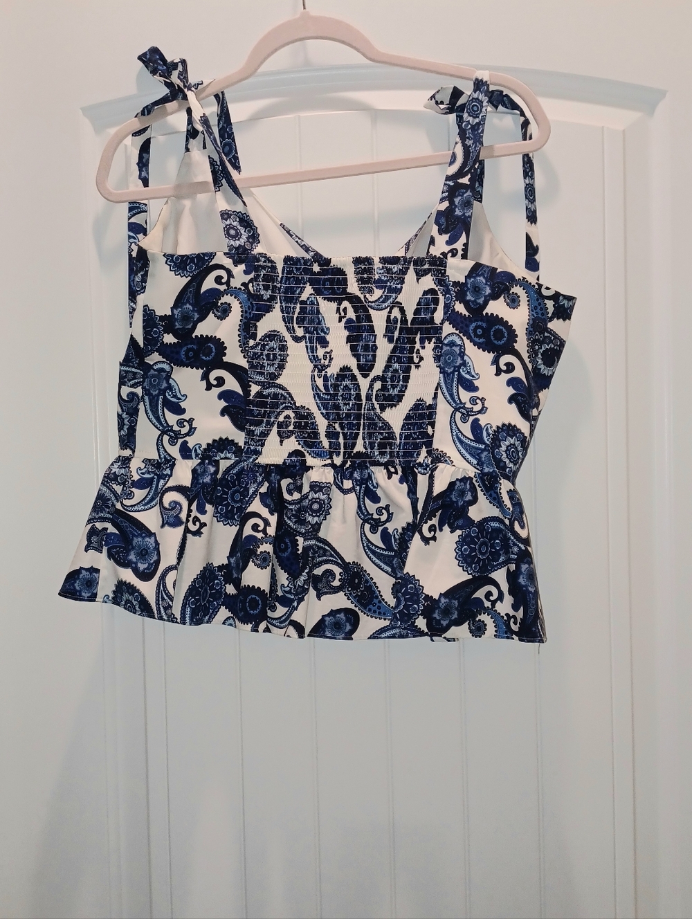 Express White Tank Top with Navy Blue Paisley Print and Tie Straps - Picture 2 of 2